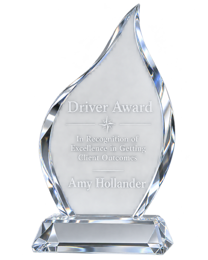 Driver Award crystal trophy engraved to Amy Hollander